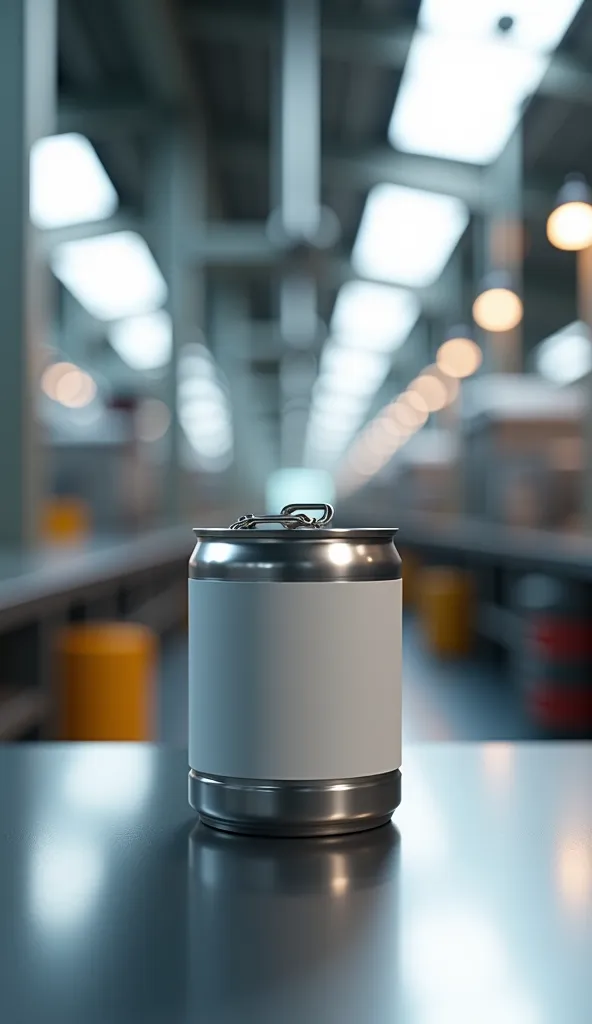 A metal can with a clean label, in the back ground you can see a food factory