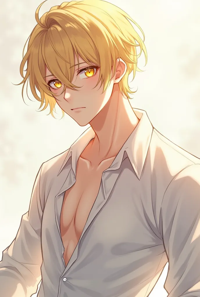 Male character wearing white clothes, yellow eyes, light yellow hair and soft muscles but with soft, pinkish white skin that shines in anime style