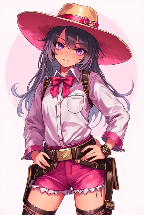 The character must be a 23-year-old girl with a soft tanned appearance and wearing gyaru clothing combined with certain elements of a cowgirl with a color palette that predominates in shades of pink,  Rojas , and gray  