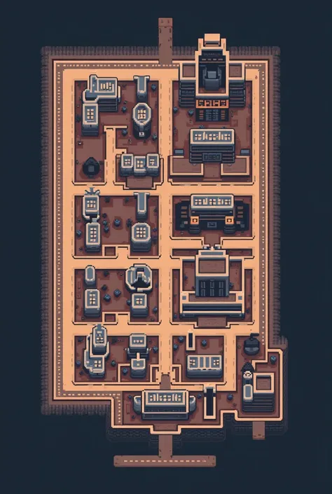 A simple, two-color top-down city map in a retro pixel-art style. The design should be highly boxy and structured, similar to classic handheld game maps. The city should have only one main island with a grid-like layout, including roads, buildings, and a f...