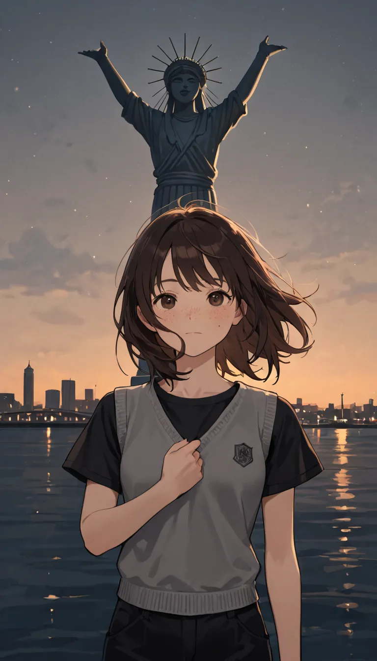  highdefinition images、  night city、 Statue of Liberty illuminated by moonlight、 1 girl、 one person、  facial details  、  Dark brown hair、 brown eyes、Medium  hair  、freckles、viewers 、 Whole body highdefinition images、 girl walks along the Hudson River with ...