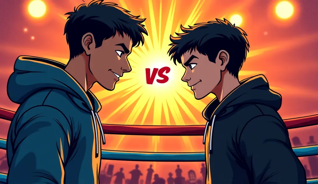 "A young boy in a black hoodie steps into a comic-style boxing ring, facing off against his idol. A ‘VS’ banner flashes above them. His idol smirks, recognizing him. He has arrived.