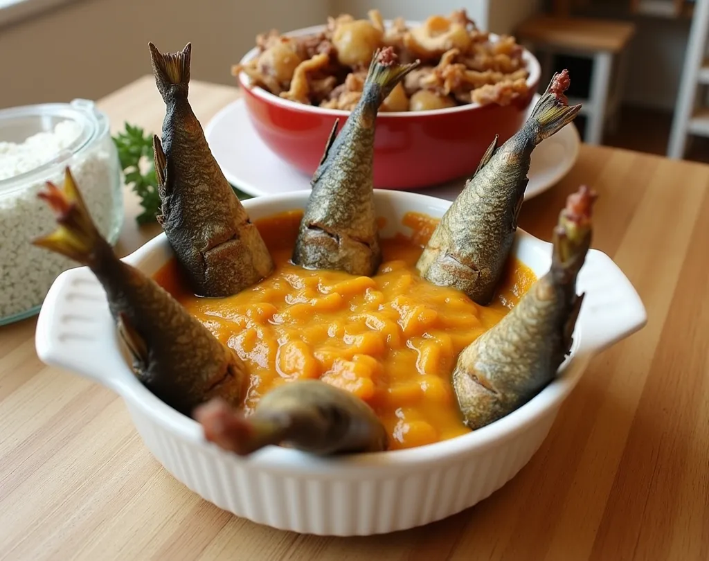 Certainly! Here's an English translation of the explanation about Stargazy Pie:

Stargazy Pie is a traditional pie dish from Cornwall, England. The most distinctive feature of this dish is that fish heads and tails protrude from the surface of the pie.

Ma...