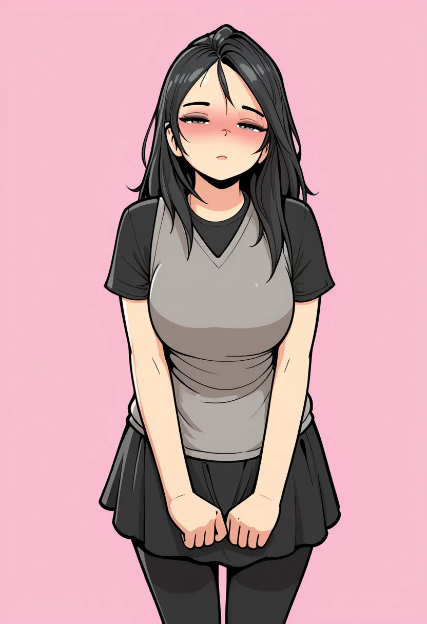 masterpiece, best quality,
1girl, solo,
standing,
looking at viewer, half-closed eyes, blush,
black hair, meduim hair,grey vest,
Black shirt, short sleeves,
black skirt,leggings,
pink background, simple background,
 L3wdu4,