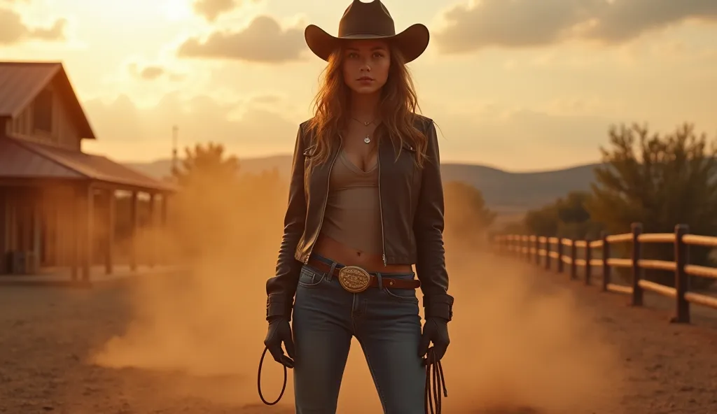 A strong and confident looking young cowgirl, dressed in tight Wrangler jeans, worn leather boots, a tight, nipple-high t-shirt, a leather jacket and a well-placed cowboy hat, leather gloves, and a lasso. Her stance is firm, with one hand on her belt buckl...