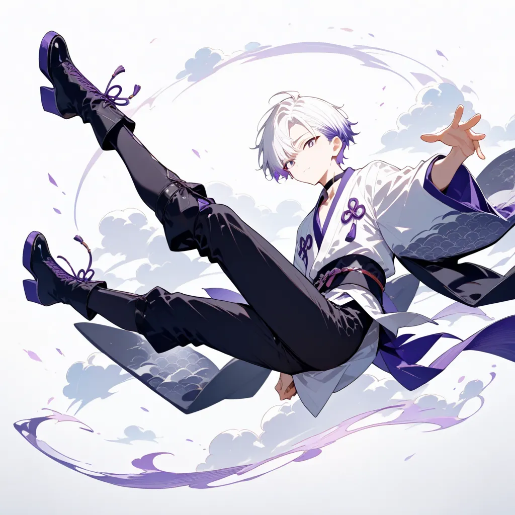 masterpiece, high score, great score, absurdres,
1boy,male focus, 20-yo, クモイエイテル, full body, toned,twink,white hair, side-parted, lilac highlights, avant-garde japanese clothes,black choker,light purple open-collar shirt,kimono sleeve,purple collar accent,...