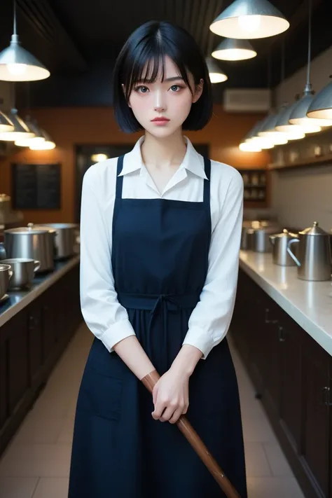 short hair, flat chest, shiny skin, black hair, black eyes, bangs, RAW photo, best quality, masterpiece, realistic, indoors, (cowboy shot:1.3)
BLEAK
cafe staff, 1girl, cafe,