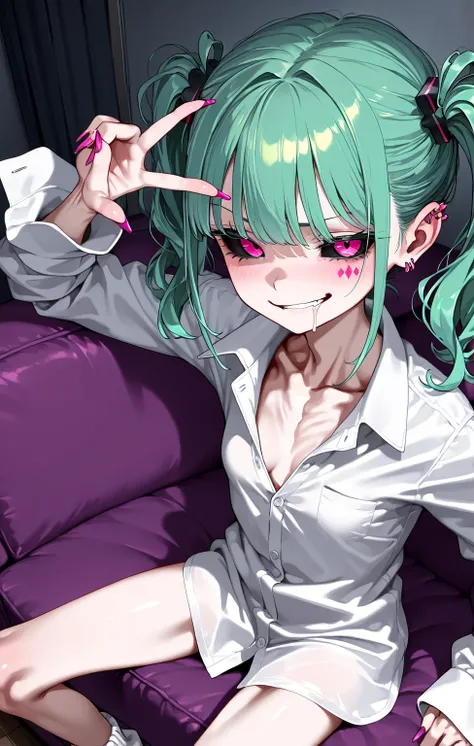 sfw, gyaru, solo loli_girl, green hair, miku hairstyle, small breast,[emaciated:1.3], smirk, drooling, black sclera, white shirt,