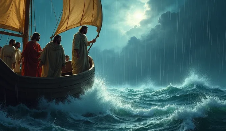 2.	Peter Steps Over the Edge
Peter is seen gripping the edge of the boat, one foot lifted as he prepares to step onto the water. His fellow disciples watch in shock, their faces illuminated by a sudden flash of lightning. The boat rocks violently from the ...