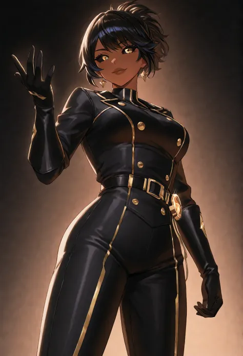 Black skinned anime Woman with black straight hair, with gold eyes with black sclera, with adorable babyface, with full gloves with sharp fingernails, in Fortnite heroic hope’s clothes