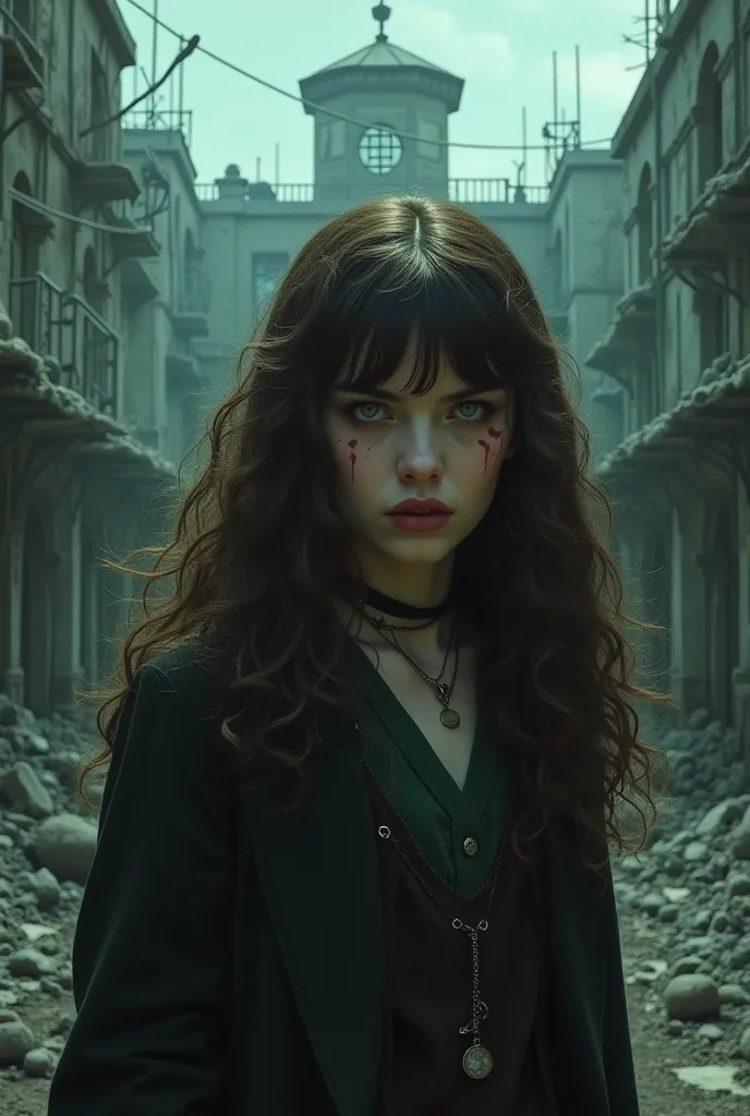 Generate an image of a 20 year old vampire girl. white, greeneyes, very long and voluminous brown curly hair with 70s style bangs. She is psychotic and is locked in Azkaban., Harry Potter Universe Prison.
Post-Apocalypse Rhythm
(Verse 1)
In the city of rui...