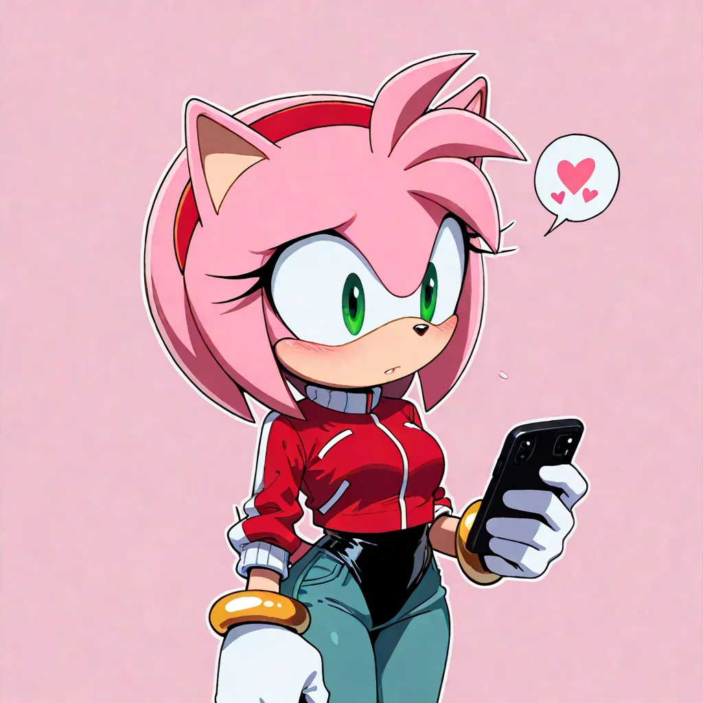 a cartoon drawing of sonic standing next to a fan heart object, with a pink background and, 1girl, furry female, pink fur, phone, animal nose, green eyes, furry, leotard, cellphone, solo, pink hair, red hairband, pants, heart, hairband, jacket, animal ears...