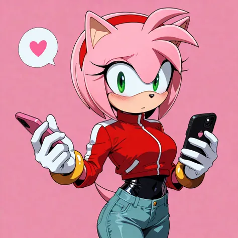 a cartoon drawing of sonic standing next to a fan heart object, with a pink background and, 1girl, furry female, pink fur, phone, animal nose, green eyes, furry, leotard, cellphone, solo, pink hair, red hairband, pants, heart, hairband, jacket, animal ears...