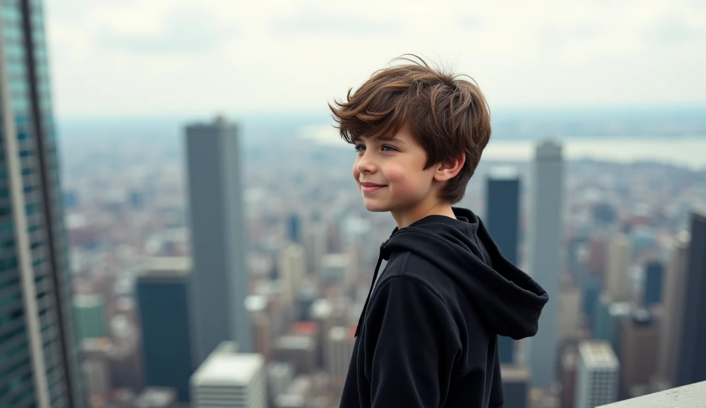 A young boy in a black hoodie stands on top of a comic-style skyscraper, looking at the city below. He is no longer the boy who hesitated—he is now the master of his own destiny. The wind blows through his hoodie as he smirks, ready for whatever comes next...