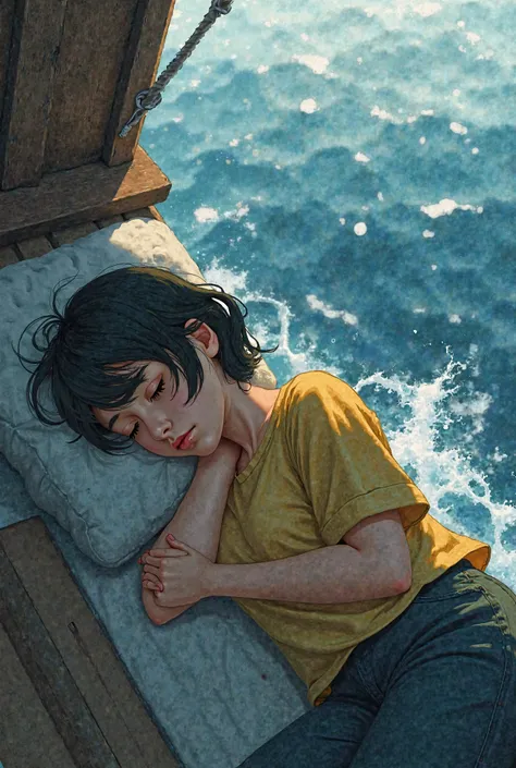 A girl with short black hair wearing pants and a yellow shirt passed out on a ship. 