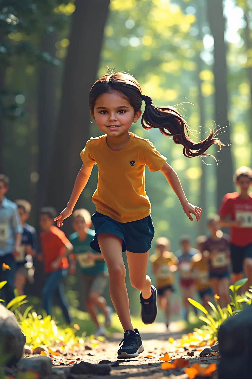 Use reference for face and hair. Exact copy of the face from the reference image. The exact face from the source image of a young girl in black shoes. Curly ponytail hair. Running in a forest race against other ren and lots of people watching. 2D Art style