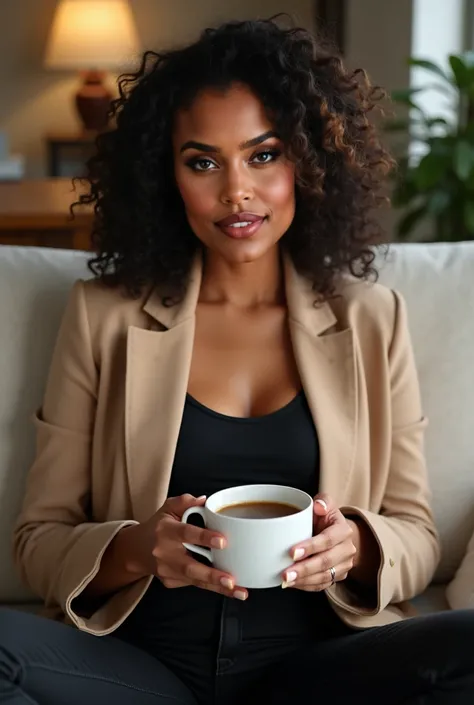 Generate a very realistic and natural image of a 35-year-old Brazilian woman, brown skin, curly black hair illuminated at the ends, half chubby, this one with a beige blazer, black shirt, black pants sitting on the couch holding a cup of coffee, her finger...