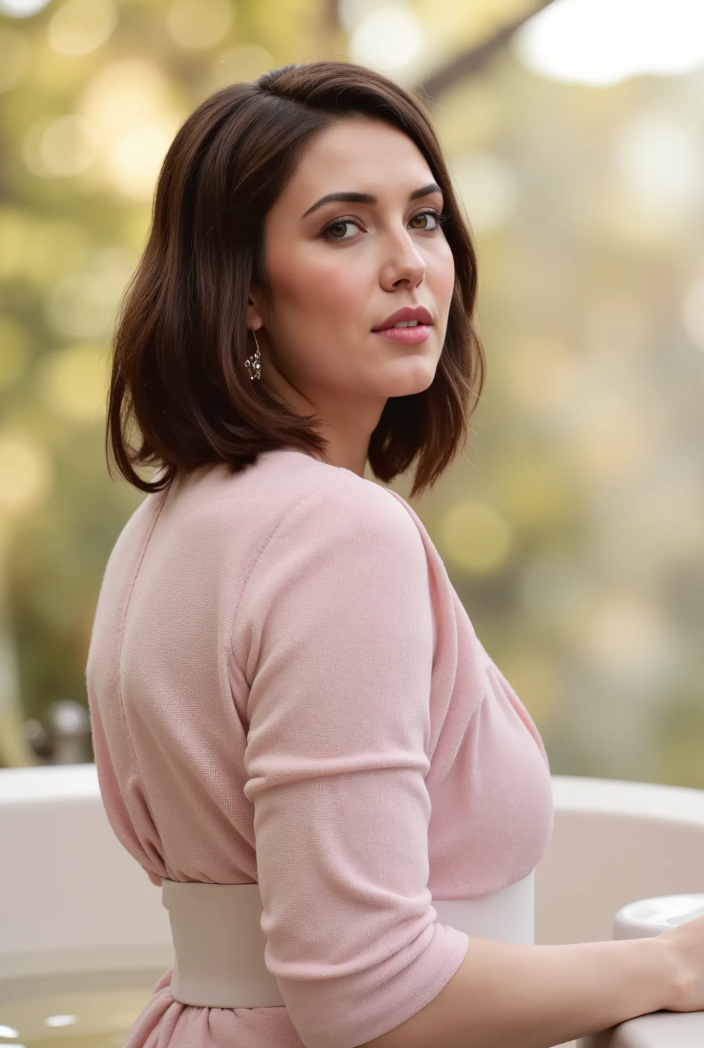 best quality, highres, 8k, masterpiece, photography, detailed midbody photorealistic portrait. Mandy Moore wears a soft pink yukata with cherry blossom motifs, symbolizing spring and renewal. The fabric is light cotton, perfect for the warm Kyoto spring we...