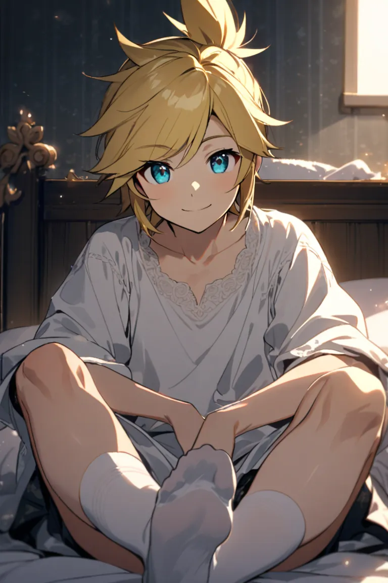 1boy, boy, male, solo, Kagamine Len, Looking at viewer, Smile, Yellow hair, sitting on bed, her feets with white socks towards the viewer, feet with white socks focus, socks focus