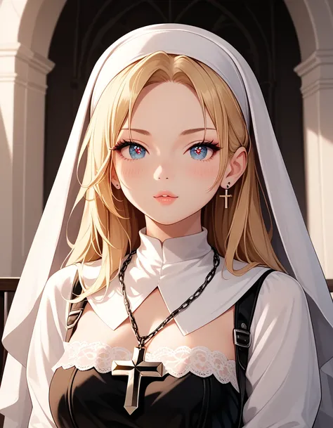 This is a highly detailed, digital illustration of a young woman in a provocative nun costume, created in a hyper-realistic, photorealistic style. The subject is a fair-skinned woman with a pale complexion, long, wavy golden hair peeking out from beneath a...