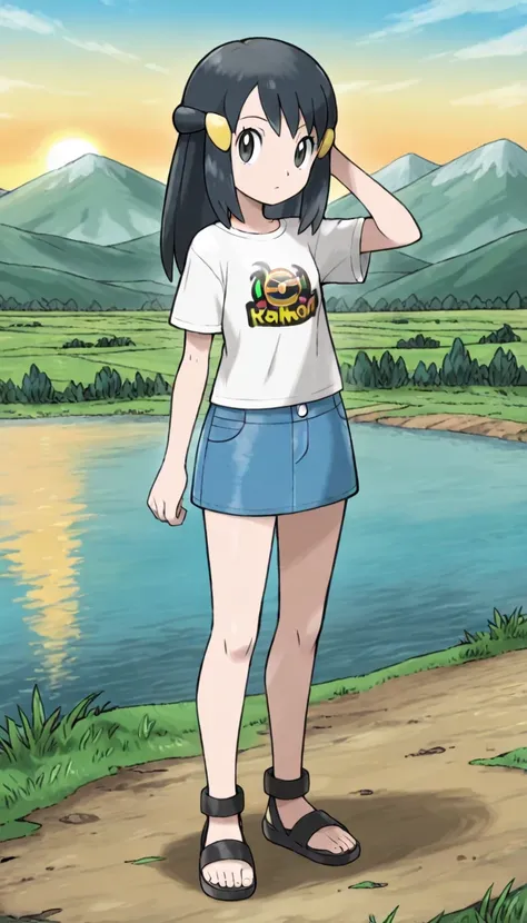 sugimori ken \(style\), masterpiece, best quality, amazing quality, very aesthetic, absurdres, 
1girl, solo,
akari \(pokemon\), black hair, black eyes, yellow hairpin, t-shirt, white shirt, print shirt, denim skirt, black sandals, 
sunny outdoors, mountain...