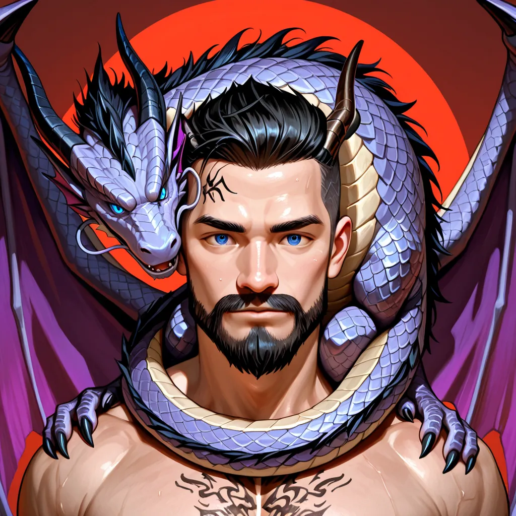 a man dragon with blue eyes, very short black hair shaved on the sides, He has a short beard, with purple wings dragon, dragon horns on his head, with dragon scales on his body and dragon details on his face