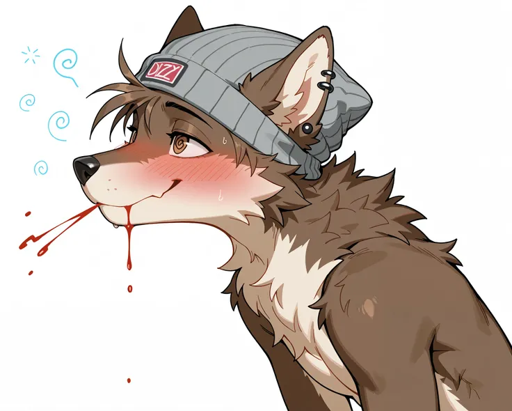 masterpiece, best quality, solo:1.2, anthro furry brown wolf male, brown eyes, snout, slender body, neck tufts, grey beanie, dizzy expression, ear piercings, nose bleed, head tilted back, shirtless, brown furry body, mouth wide open, love drunk expression,...