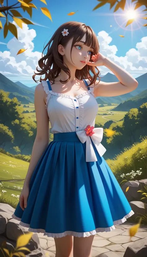 ((Highest quality)), ((masterpiece)), ( exhaustive), A beautiful and refreshing anime-style girl standing under a clear blue sky with fluffy white clouds. She has short, slightly wavy brown hair that shines under the sunlight, and her deep blue eyes reflec...