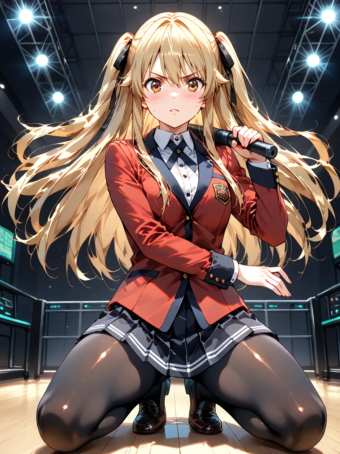 mary saotome, long hair, blonde hair, hair between eyes, twintails, brown eyes, hair ribbon, skirt, shirt, school uniform, jacket, white shirt, pantyhose, pleated skirt, collared shirt, black pantyhose, blazer, red jacket, ((sexy pose)), ((dynamic pose)), ...