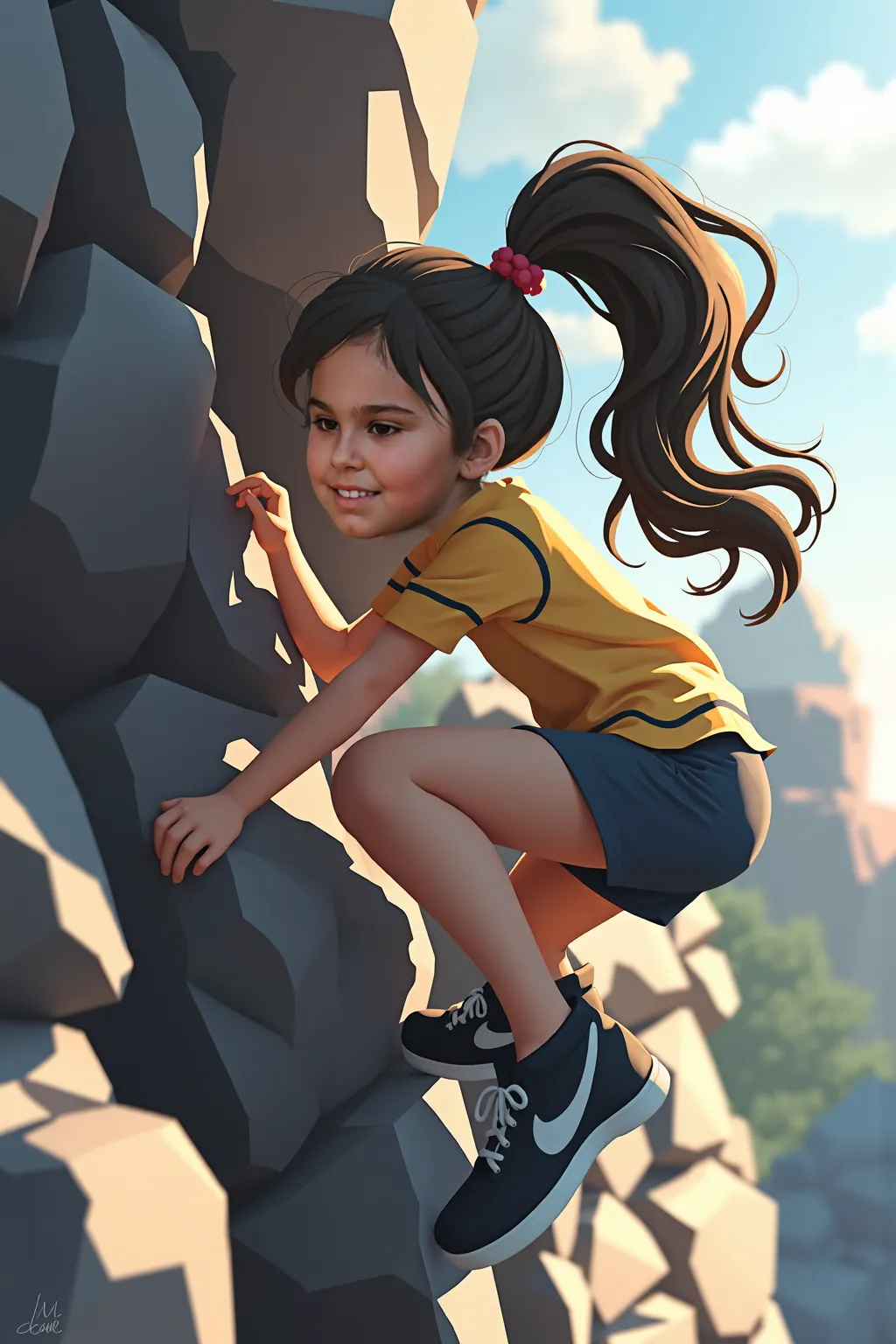 Use reference for face and hair. Exact copy of the face from the reference image. The exact face from the source image of a young girl in black shoes. Curly ponytail hair. Rock climbing against other ren. 2D Art style