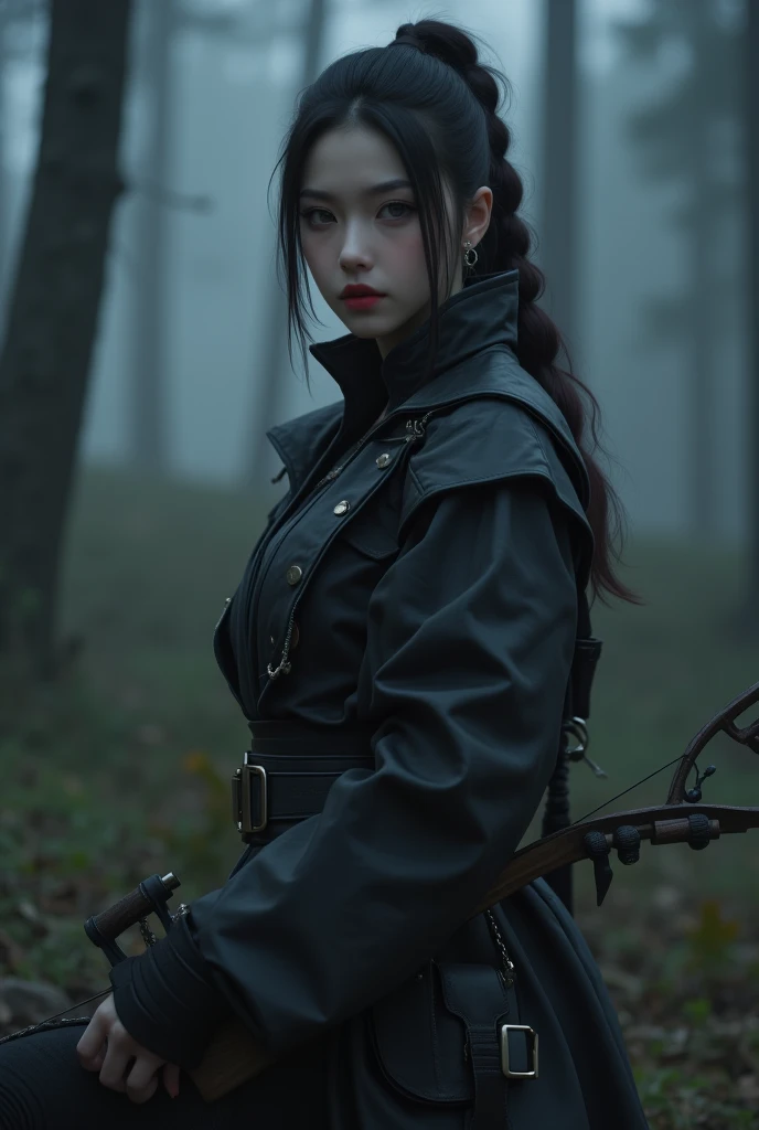 (top quality, 4K, masterpiece :1.3), a cute young beautiful asian woman shemale, dark haired, pale skin, grey eyes, asian slanted eyes, long hairs, red lips, crossbow, earring, Victorian black leather hunter outfit, black boots, pants, high ponytail, braid...