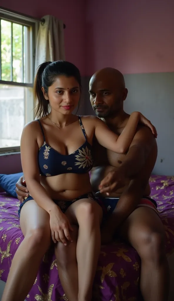 in indian big empty slum bedroom a very fat huge chubby black skin man and a tall sexy white skin woman, woman with black dot bindhi and red sindoor near her hairline, woman with thick fat curvy mom body physique, woman with black ponytail hair, woman wear...