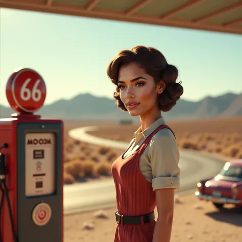 brunette 21 years old softly curly attendant filling up a car at a retro gas-station, 50's and 60's vibes old route, road movie vibes, photorealistc, perfect body, consistent movements, realistic, proportionate, medium busty
