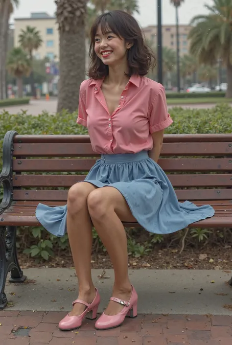 photo-realistic, ultra-realistic, very beautiful Japanese dancer,dramatic scene, masterpiece, pink shirt, blue skirt, pink Mary Jane tap shoes. Suntan pantyhose, metal dance plates attached to the toes and heels of the tap shoes, happy alone on a park benc...