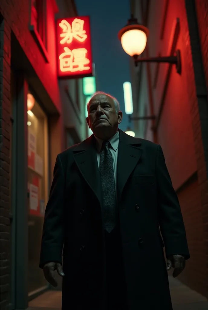 Low-angle shot of the elderly Mafia boss standing tall in a dark alleyway, illuminated by flickering neon signs. A rival approaches slowly, hand hovering over his concealed weapon. The camera shifts to a close-up of the Mafia boss’s unshaken expression as ...