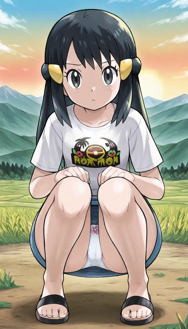 sugimori ken \(style\), masterpiece, best quality, amazing quality, very aesthetic, absurdres, 
1girl, solo,
akari \(pokemon\), black hair, black eyes, yellow hairpin, t-shirt, white shirt, print shirt, denim skirt, black sandals, 
sunny outdoors, mountain...