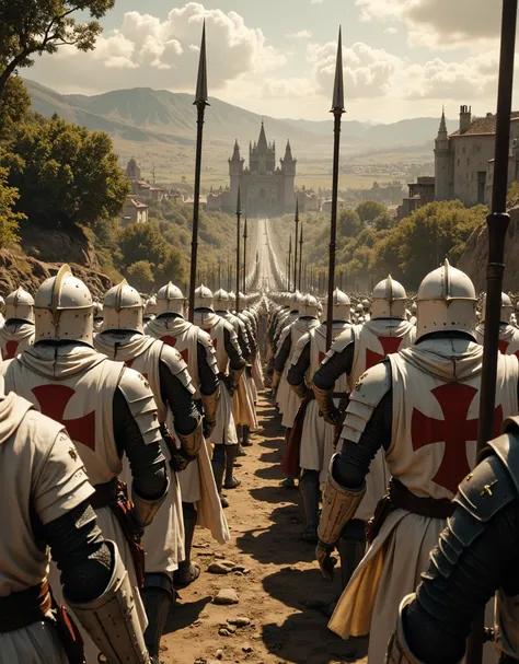 **Prompt:** Create a hyper-realistic panoramic wide-angle image of a medieval European landscape featuring a symmetrical composition at its center. The scene depicts an orderly formation of Templar Crusaders, distinguished by their white cloaks adorned wit...