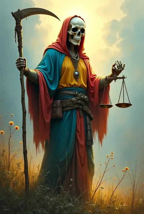 Skull with rainbow-colored tunic and hood in a natural landscape, in one hand he holds a scythe and in the other hand a scale. The scene is illuminated by a soft and heavenly light, creating a dramatic and spiritual effect. The background can be abstract, ...