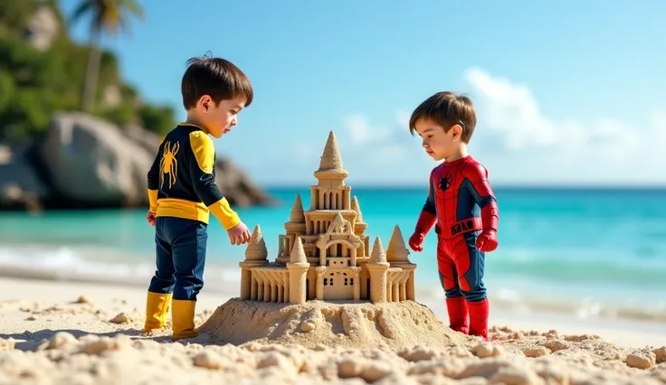 A handsome boy wearing a black combination yellow spiderman costume with a beautiful girl,  , wearing a yellow combination red ironman costume, seorang anak laki laki  , wearing a deadpool costume , was standing looking at a sand toy shaped like a royal pa...