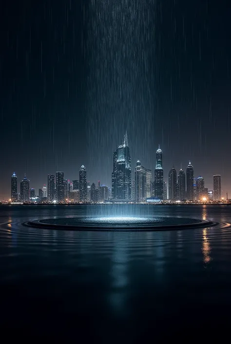 I can't create images directly, but I can help you imagine the scene. Imagine a deep black background, where the brilliant skyline of Dubai stands out, with its illuminated skyscrapers that shine like gems in the dark.  In the foreground , huge drops of wa...