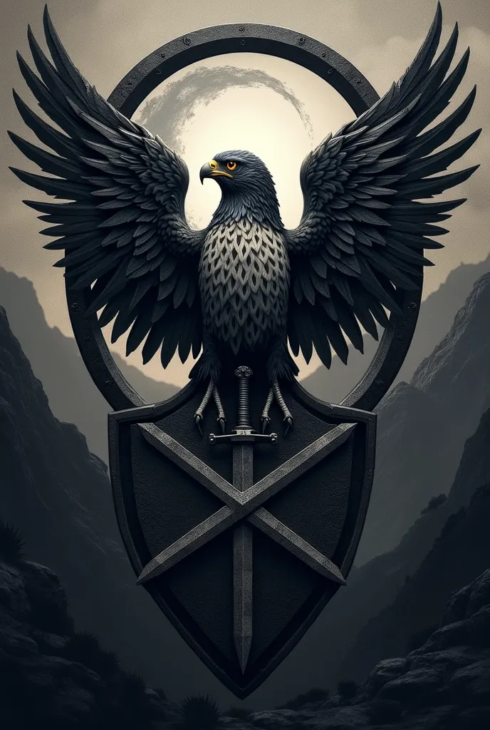 Design a coat of arms for a kingdom forged in despair and rebirth. The main badge must be an imposing falcon, symbol of vision and power, with its wings extended in a majestic way, evoking the storm that guided its people to a new land. Your figure may be ...