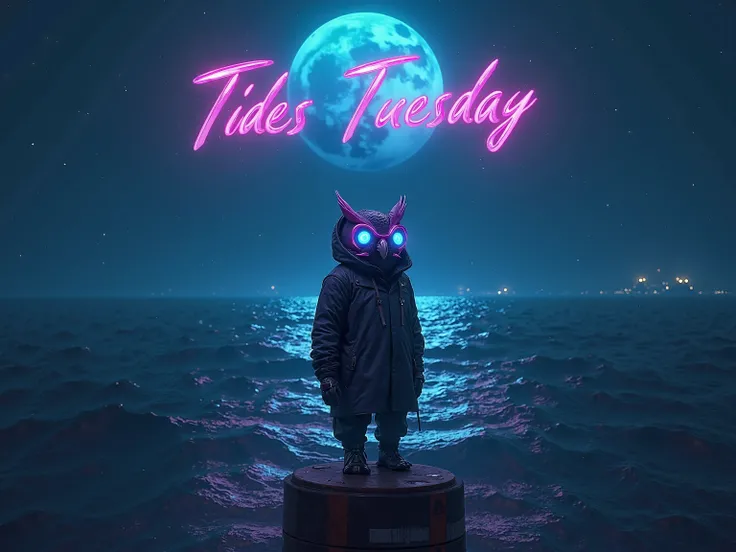 "A mysterious cyberpunk owl-human hybrid stands on a high-tech buoy, gazing over a vast ocean at night. Their glowing neon-blue and purple cybernetic eyes scan the shimmering waters,The owl wears a sleek, hooded jacket with a high-tech design,  Above the w...