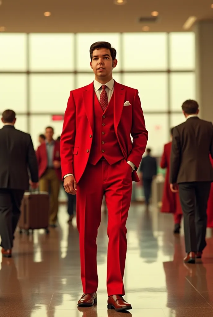 Create an image of this person he is wearing a red suit with a red vest and is at an airport in New York during an afternoon in the year 1976