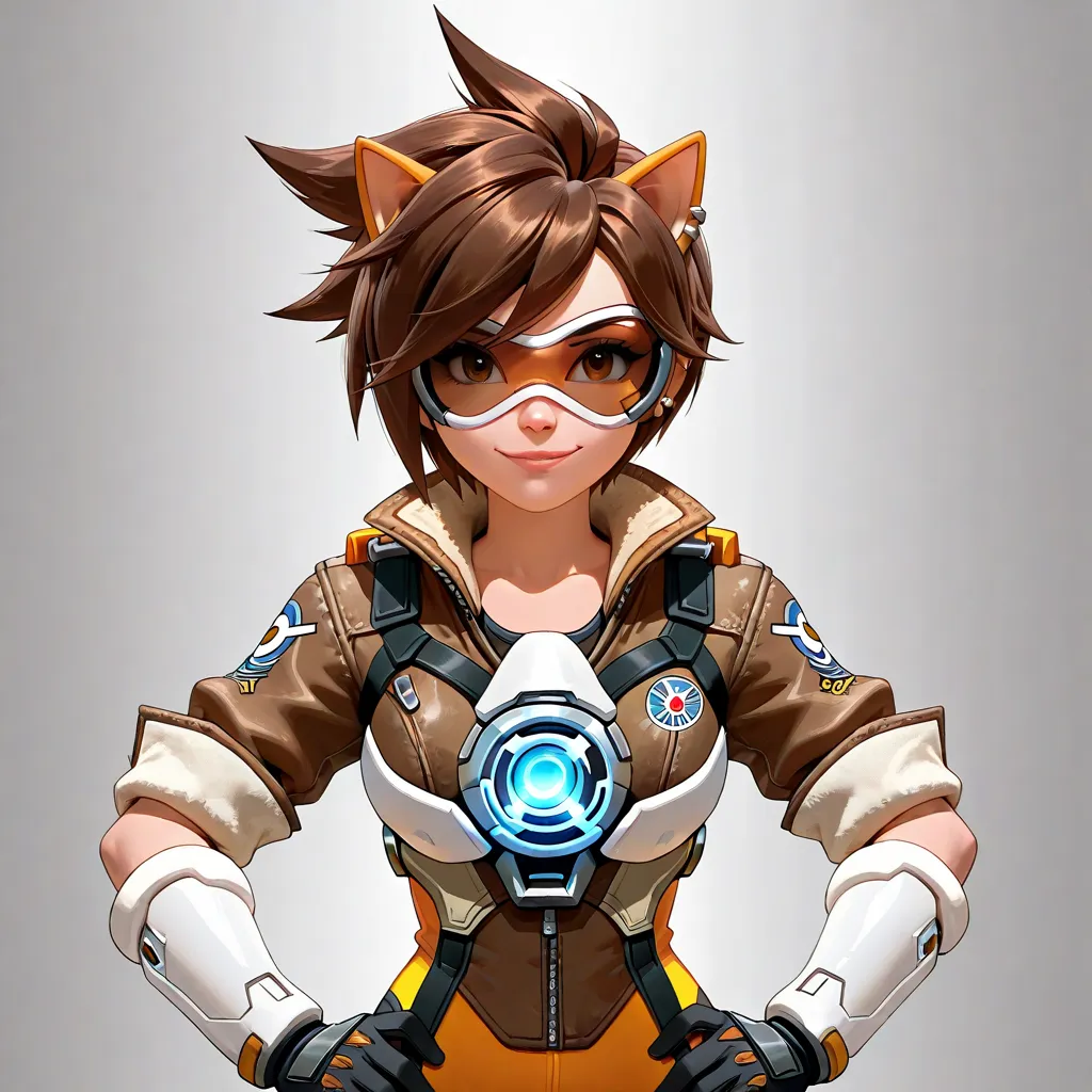 overwatch cosplay the real best character 76 has seen so far, 1girl, solo, tracer (overwatch), brown hair, orange goggles, goggles, short hair, jacket, gloves, bomber jacket, brown eyes, bodysuit, chest harness, harness, looking at viewer, vambraces, sleev...