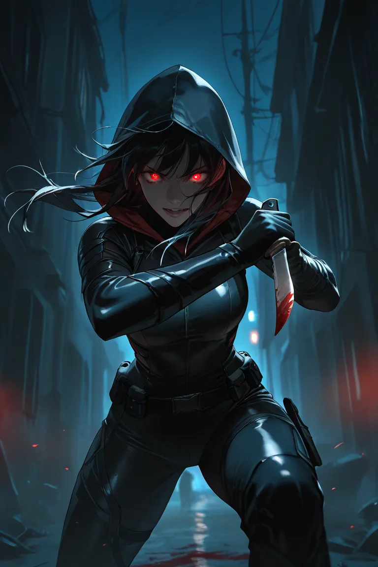 beautiful girl, long dark hair, attractive, top quality, masterpiece, glowing eyes, assassin suit, cinematic shot, dark ambience, villain, evil, night time, dynamic pose, mysterious, holding a knife, bloody, hooded