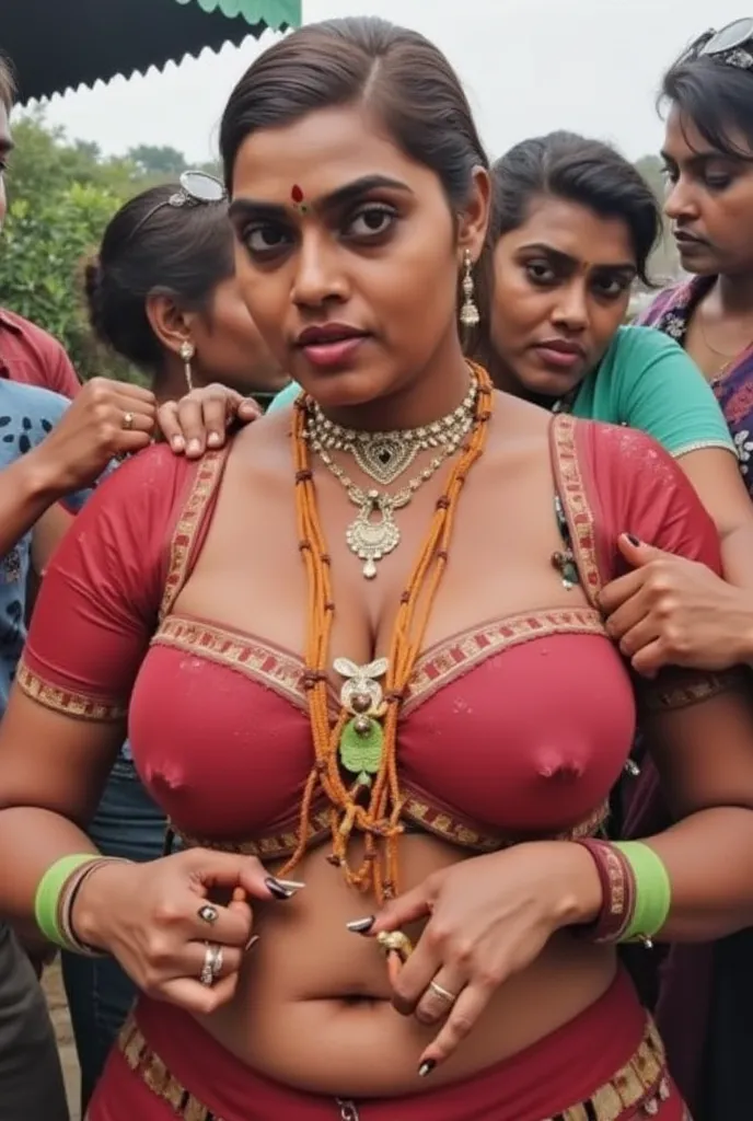 (men are grabbed indian mothers breast from behind:1.3) ,( seting above men:1.2)Hot 🔥 and humid weather,, clothes( worn-out old bra) Soaked in oil, Beautiful face Indian middle aged women, showing gigantic erotic breasts,flat belly, slim butt, the blouse f...