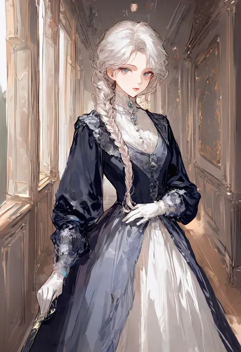 1girl, tall, thin, white hair, slightly wavy hair, long braid over her shoulder, Victorian dress in pastel colors, silver jewelry, Gray-blue-lilac eyes, white gloves, an Asian-style fan in her left hand, Victorian era, novel style, look at viewer, hallway ...