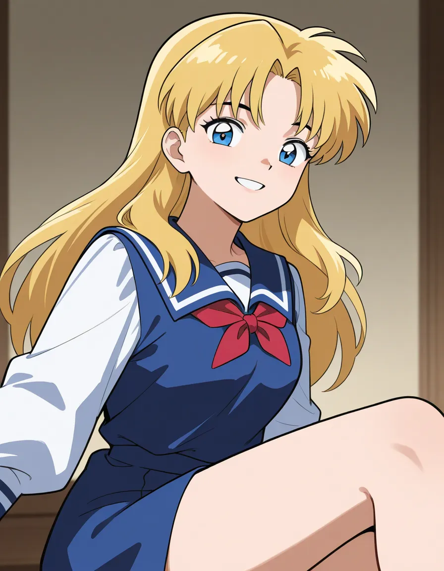 A girl named Mary Anne that is an student of sixth grade of primary school . She has long blonde hair with light blue eyes with blue dress uniform. She is happy, confident, smiling. unworried. enjoying. inuyasha manga cover art style.