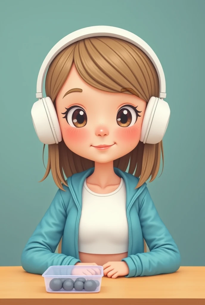 cartoon style; bust photo;  girl, ovoid face, light brown/blond hair, straight, straight, falling around the face, cut to the shoulders; small dark circles under the eyes; small freckles on the cheekbones; wears white headphones on her head, with large whi...