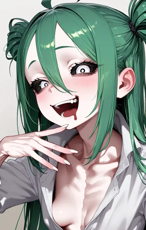 sfw, gyaru, solo loli_girl, green hair, miku hairstyle, white color eyes, wide black pupils ,small breast,[emaciated:1.3], smirk, laughing, mouth drool, black sclera, oversize white shirt,